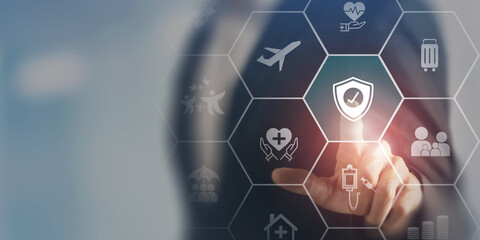 Travel safety and travel insurance concept. Touching on protect safety travel icon. Intended to...