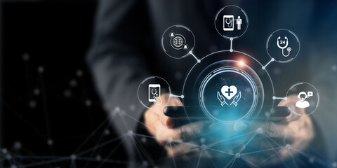 Healthcare and medical technology concept. Telemedicine, VR medical interface with internet consultation technology. Medical technology network connection.  Showing smart healtcare and medical system