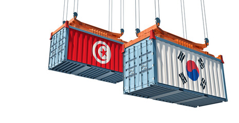 Cargo containers with Tunisia and South Korea national flags. Isolated on white. 3D Rendering