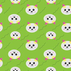 Seamless pattern with cat head in green background