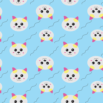 Seamless pattern with cat head in blue background