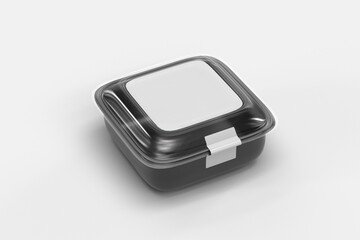 Blank black disposable container with white label mockup, isolated, 3d rendering. Empty lunch box mock up. Clear plastic food bento with lid. Lunch pack take away template.