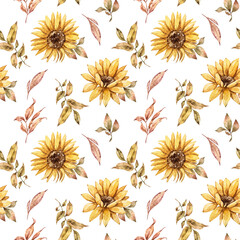 Watercolor floral fall sunflower seamless pattern. Hand painted sunflower bouquets, green leaves, dried flowers, summer herbs isolated on white background. Illustration for fabric, print, textile 