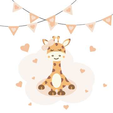 Cute baby girl giraffe. Birthday card invitation 