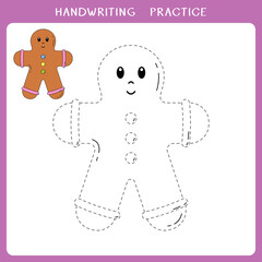 Handwriting practice sheet. Simple educational game for kids. Vector illustration of cute gingerbread for coloring book