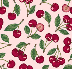 Cherry seamless pattern on pink background. Ripe red cherry. Summer fruit background. The design is great for wallpaper, fabric, labels, packaging.