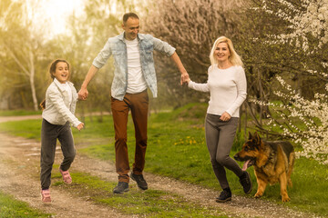 Obraz premium Family with small child and dog outdoors in orchard in spring.