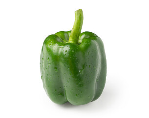 Green fresh pepper with water drops on a white background.