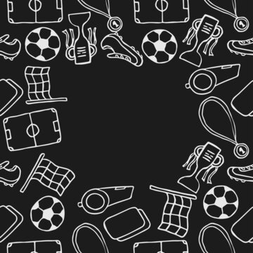 Seamless football pattern with place for text. Doodle football illustration. Football cup background