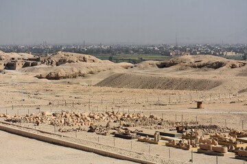 View of Deir el-Bahari from the Temple of Hatshepsut, towards the Nile valley. Archaeological site near the temple of Queen Hatshepsut.