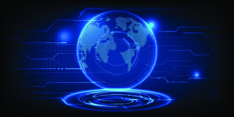 Vector illustrations of futuristic hologram earth floating on blue neon pedestal.Digital innovation and technology concepts.