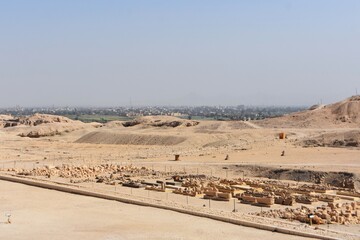 View of Deir el-Bahari from the Temple of Hatshepsut, towards the Nile valley. Archaeological site near the temple of Queen Hatshepsut.