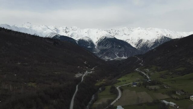 Aerial drone view of Mount Tetnuldi in Georgia. Mestia, village near Koruldi lakes.