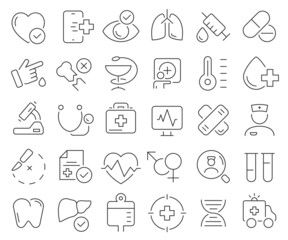 Medicine and medical line icons collection. Thin outline icons pack. Vector illustration eps10