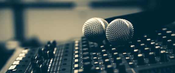 Close-up microphone and sound mixer in studio for sound record control system and audio equipment...