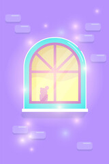 Arched glowing window on a brick wall. Vector illustration