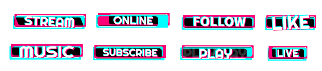 Set of stickers for a popular social network. Black - blue  - pink sticker on white background. Modern advertising social media design.
