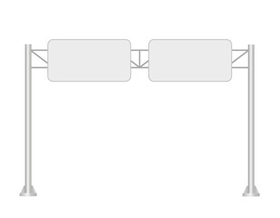 Obraz premium Empty road Billboards on high metal construction on two pillars. Highway signs Mockup. Two White banners for urban design and outdoor advertising. Vector realistic template. Front view.