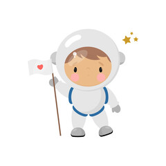 Cute Cosmonaut. Cartoon style. Vector illustration. For card, posters, banners, children books, printing on the pack, printing on clothes, fabric, wallpaper, textile or dishes.