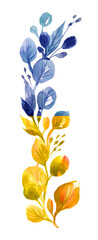 Wild watercolor blue and yellow flowers on white background. Branch