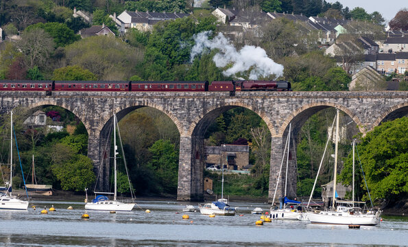 6233 Duchess of Sutherland crossing Coombe bridge coming into Saltash station in Cornwall