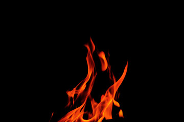 Close up burning flames on black background for graphic design or wallpaper