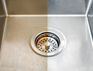 Compare image before- after cleaning with special detergent of the dirty stainless sink in a cafe...