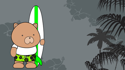 surfer teddy bear kid cartoon summer tropical background in vector format