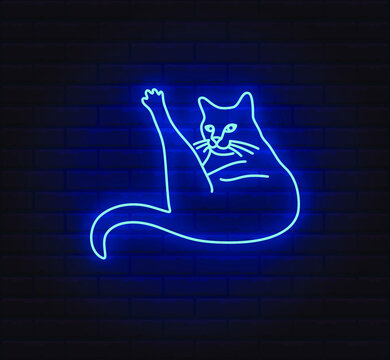 Bright shihing neon cat sign. Editable color and brightness. Vector.