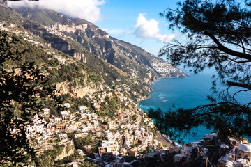 Panoramic aerial view from hiking trail leading to coastal town of Positano. Hiking in Lattari...