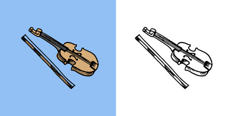 Violin. Musical instrument. Hand drawn sketch in vintage doodle style.