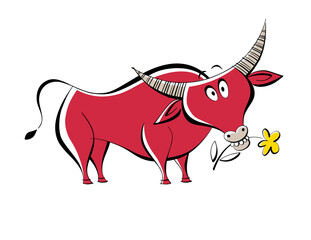 Cartoon Funny Red Bull Ox holding Flower