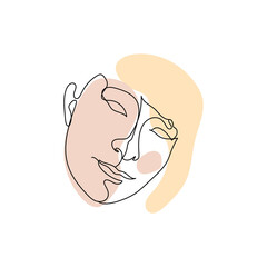 Female face single line drawing and pastel abstract shapes composition. Portrait of young beautiful girl line art.