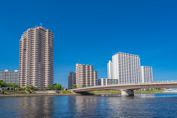 青空に映える千住汐入大橋　隅田川 © TY
