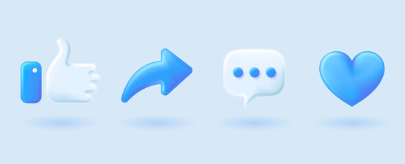 blue social media icon set thumbs, comment, share and love 3d style - obrazy, fototapety, plakaty