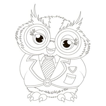 Owl in suit on white background. Owl in suit on white background. Linear engraving design for adult or children's coloring book.