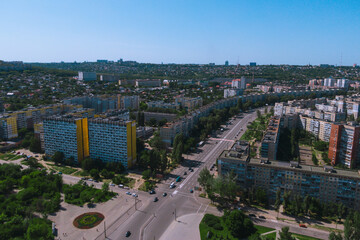 Fototapeta na wymiar Dnipro, Ukraine. View of the residential area Pobeda Dnepr. Top view from a great height. Panoramic view of the city.