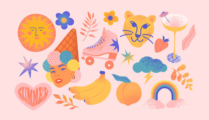 Set of trendy  icons on isolated background. Big summer collection, childish cartoon style. Includes bananas, peach, roller-scater, clouds, rainbow, tiger, ice-cream, flowers, stars, branches, sun