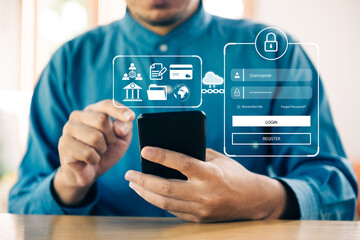 Businessman user typing login and password in network of cyber security, information security, data protection, two-step verification, big data, for secure access to user's personal information