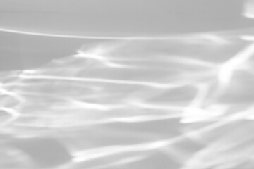 Blurred water texture overlay effect for photo and mockups. Organic drop diagonal shadow and light caustic effect on a white wall. Shadows for natural light effects