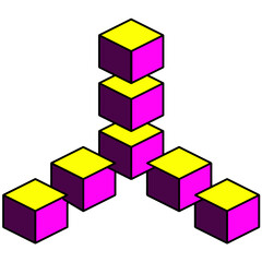 geometric figure assembled from colored cubes