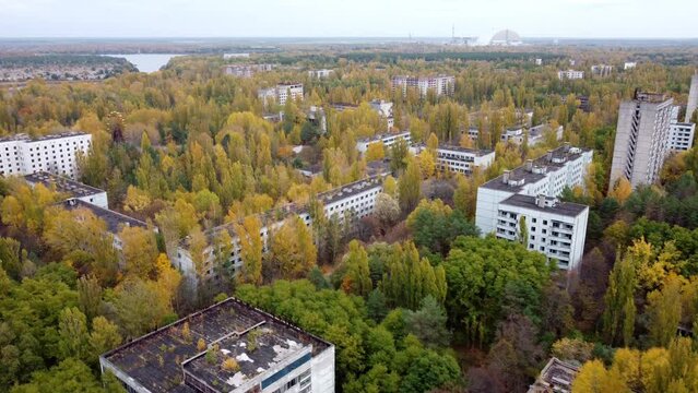 A drone view of the streets of the town of Pripyat near Chernobyl