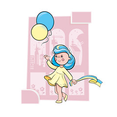 A girl in a yellow dress with blue hair dances with balloons. A modern, futuristic city of the future is being built against the background. Character design. Vector illustration.