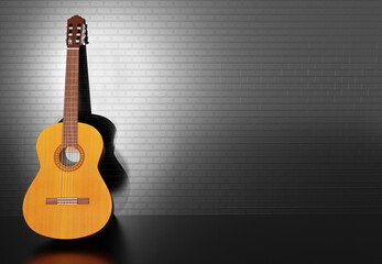 Fototapeta na wymiar spanish six-string wooden classical acoustic guitar indoor dark stone background