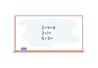 Numbers study and math exercises calculating on chalk board at lesson flat vector illustration.