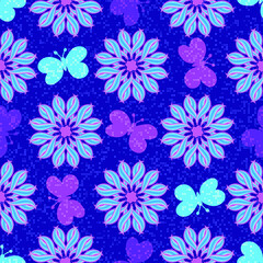Fototapeta na wymiar Bright purple spring pattern with openwork flowers and colorful butterflies. Seamless texture. Vector eps 10