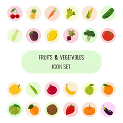 Fruits and vegetables. Set of 24 icon. Vector illustration with white background