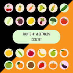 Fruits and vegetables. Set of 24 icon. Vector illustration with black and orange background.