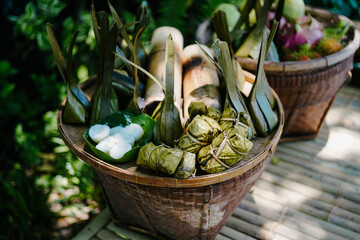 Bamboo basket full of Thai sweets and fruits 