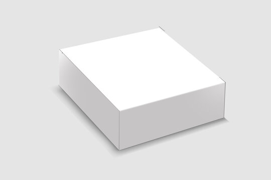 Closed white realistic cardboard box with paper and a sticker on a light background. The concept of business gifts. Mock up. 3d rendering